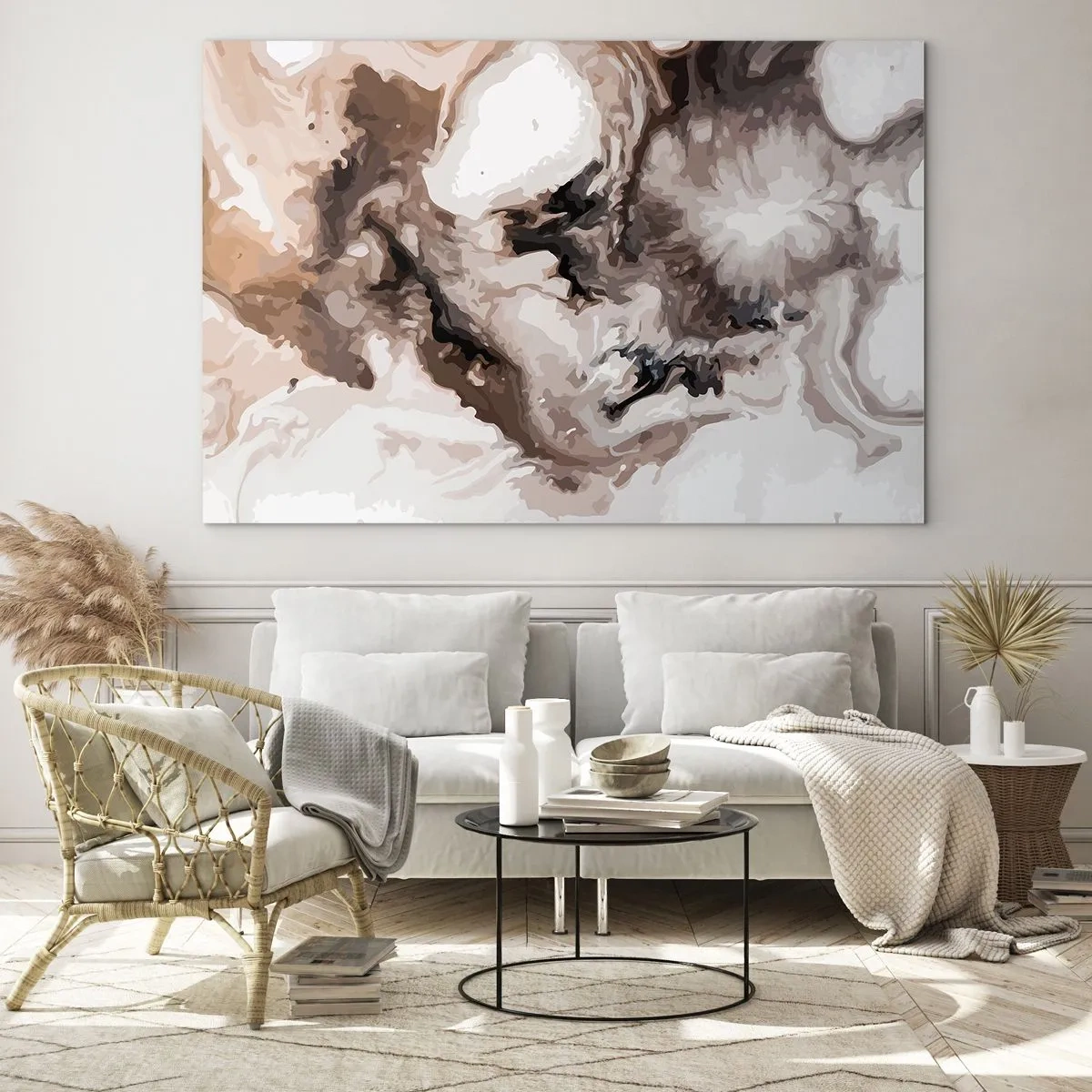 Cuadro sobre vidrio - Impresiones sobre Vidrio - Patrón abstracto en tonos marrón, beige y blanco. - 70x50cm - El nacimiento de una galaxia - Decoración de pared moderna para salón y dormitorio ARTTOR