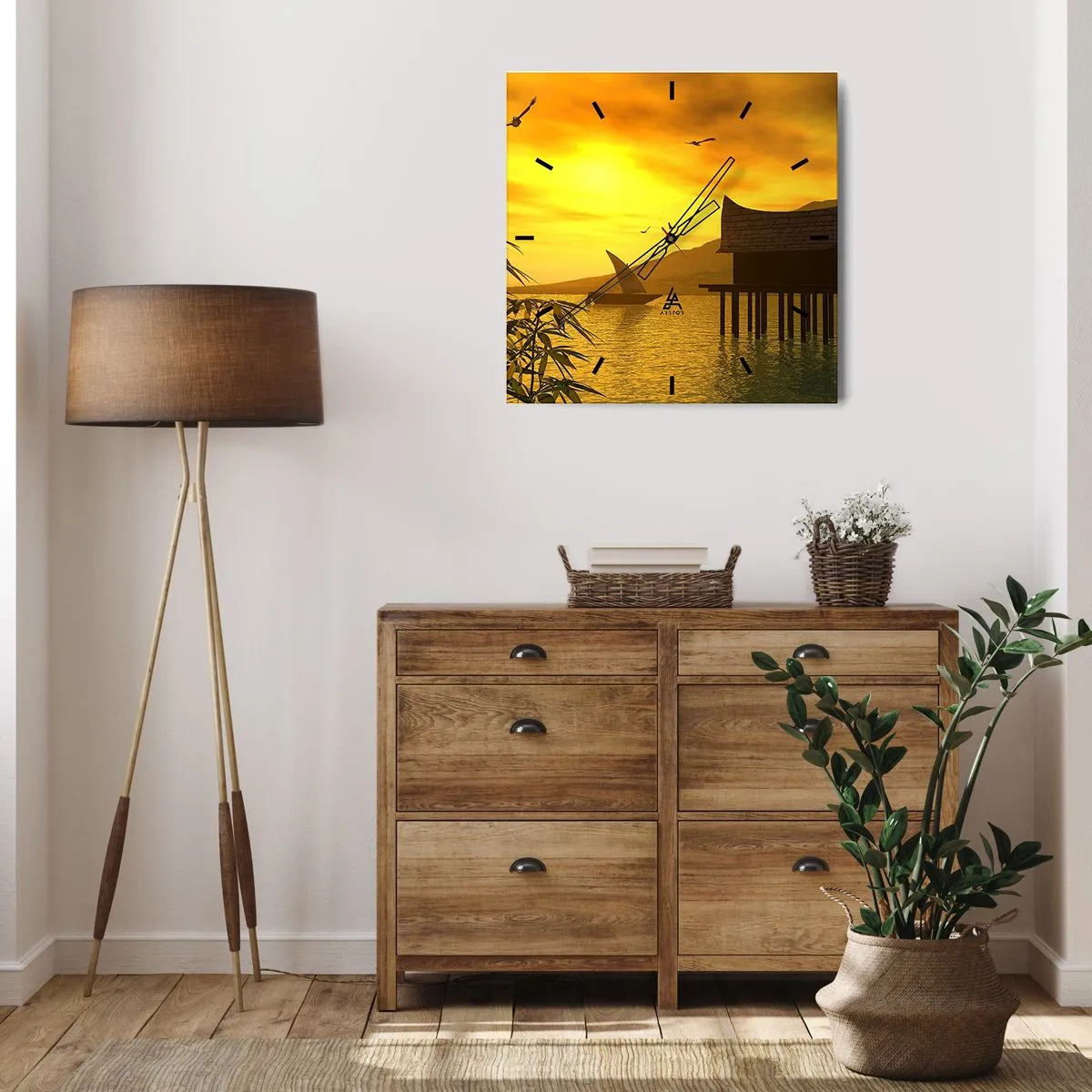 Reloj de pared - Reloj de vidrio - Puesta de sol tropical sobre el agua con casa de madera sobre pilotes. - 30x30cm - La ansiada paz - Decoración de pared moderna para salón y dormitorio ARTTOR