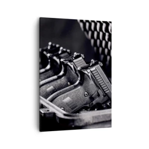 Cuadro sobre lienzo - Impresión de Imagen - Una imagen en blanco y negro de una pila de armas en una maleta. - 50x70cm - ¡Fuego! - Decoración de pared moderna para salón y dormitorio ARTTOR