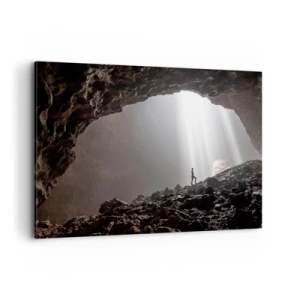 Cuadro sobre lienzo - Impresión de Imagen - Una figura en una cueva iluminada por rayos de luz. - 120x80cm - Gruta luminosa - Decoración de pared moderna para salón y dormitorio ARTTOR