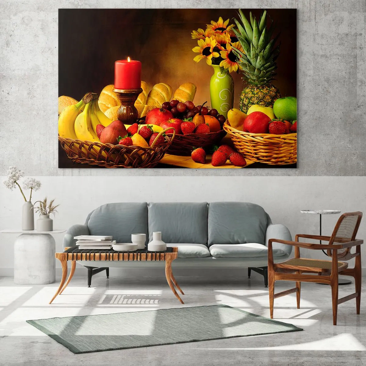 Cuadro sobre vidrio - Impresiones sobre Vidrio - Una composición de fruta, pan y una vela en estilo rústico. - 120x80cm - Bodegón con pan y fruta - Decoración de pared moderna para salón y dormitorio ARTTOR