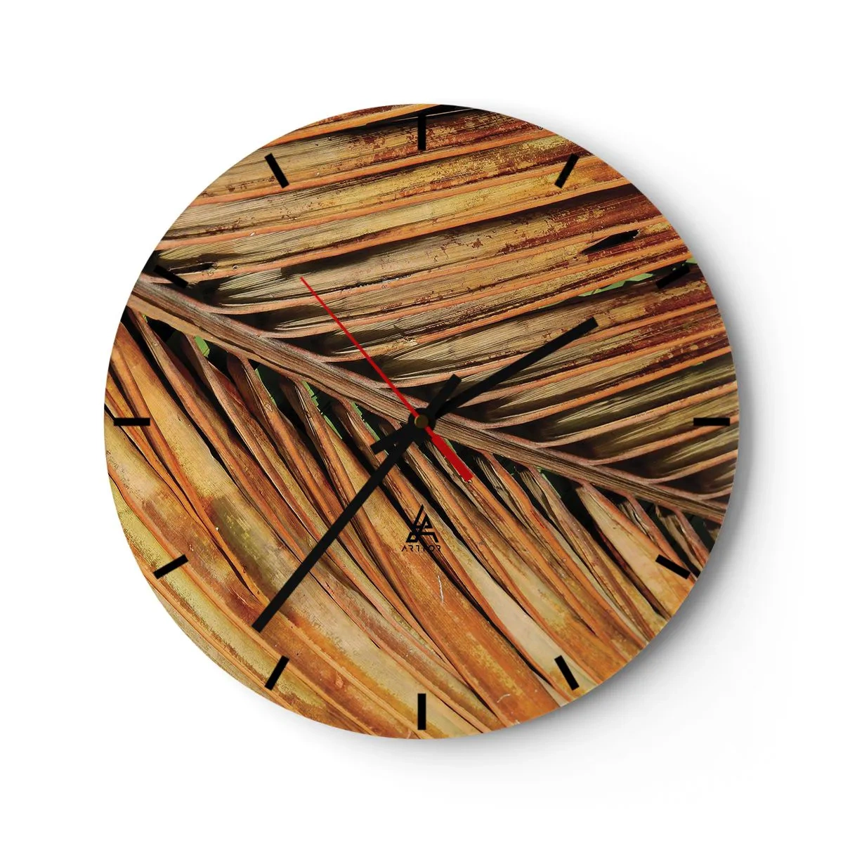 Reloj de pared - Reloj de vidrio - Un primer plano de una hoja de palma seca y dorada. - 30x30cm - Oro de coco - Decoración de pared moderna para salón, cocina y dormitorio ARTTOR