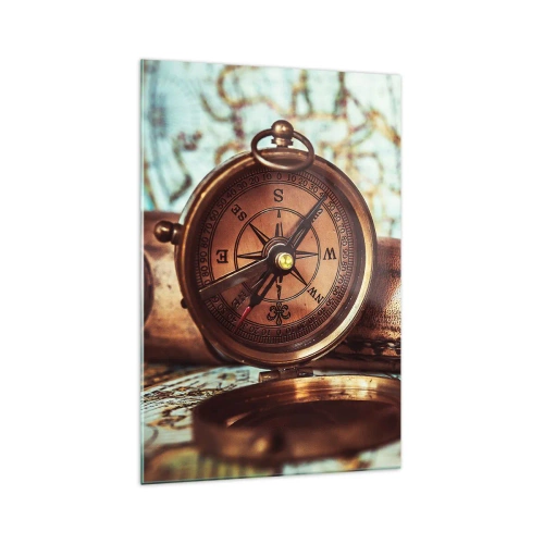 Cuadro sobre vidrio - Impresiones sobre Vidrio - Un conjunto retro con brújula, telescopio y mapa con temática de viajes. - 70x100cm - Te espera una aventura pirata en el Caribe - Decoración de pared moderna para salón y dormitorio ARTTOR