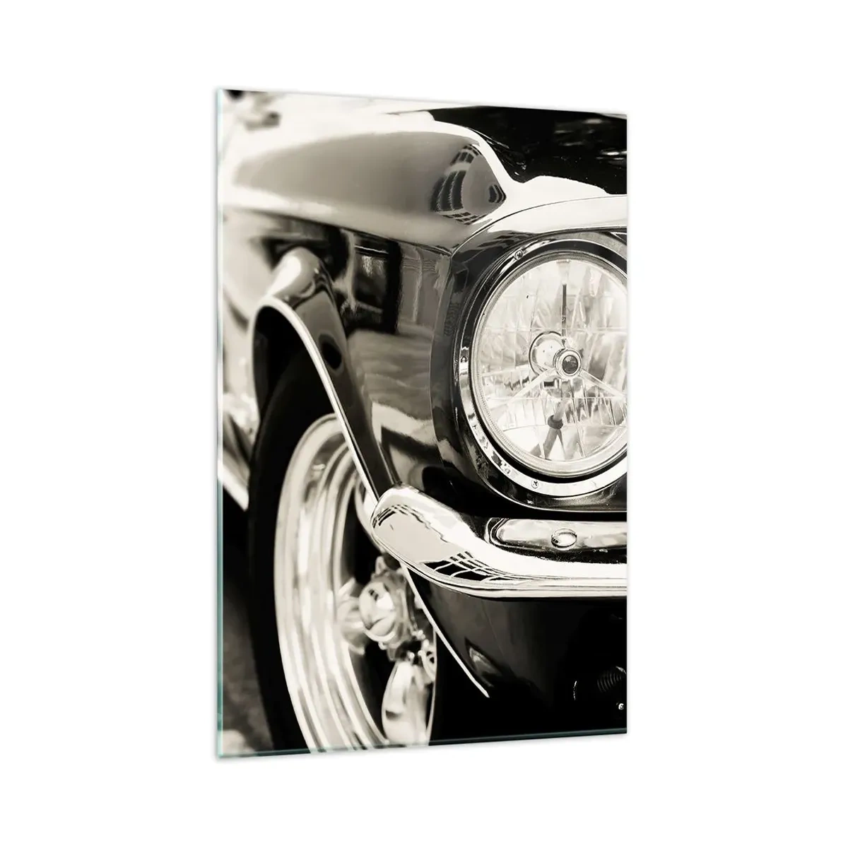 Cuadro sobre vidrio - Impresiones sobre Vidrio - Un coche clásico icónico en elegante blanco y negro. - 80x120cm - Brillo perdurable - Decoración de pared moderna para salón y dormitorio ARTTOR