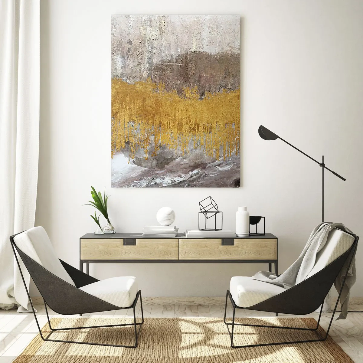 Cuadro sobre vidrio - Impresiones sobre Vidrio - Patrón abstracto dorado y beige - 70x100cm - Una ráfaga dorada - Decoración de pared moderna para salón y dormitorio ARTTOR