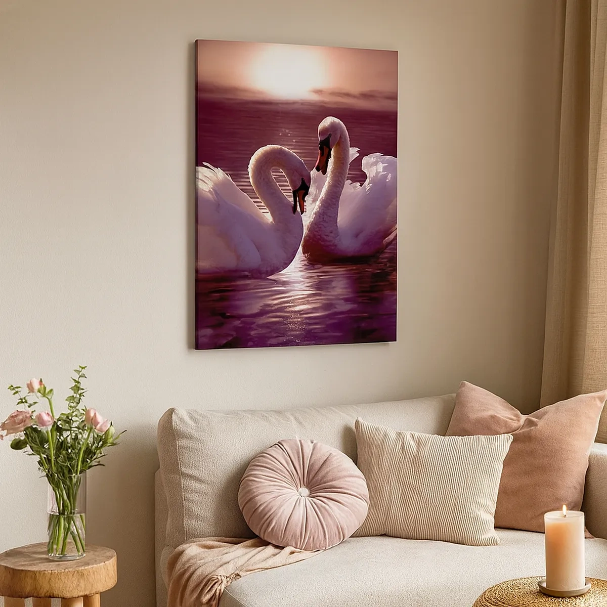 Cuadro sobre lienzo - Impresión de Imagen - Dos cisnes en un lago tranquilo al atardecer - 50x70cm - Hasta que la muerte nos separe - Decoración de pared moderna para salón y dormitorio ARTTOR