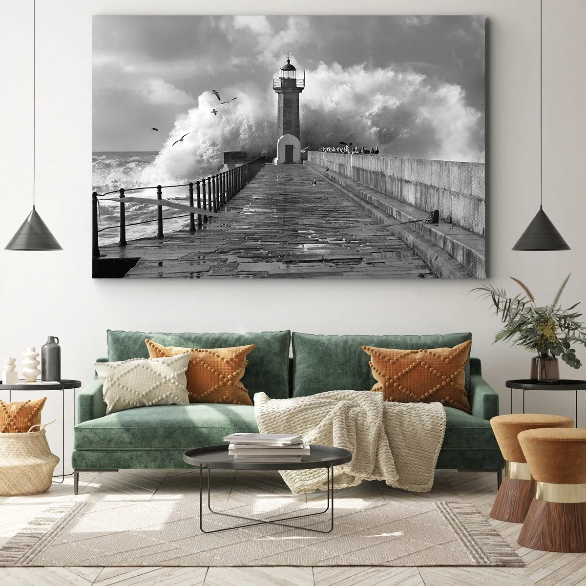 Cuadro sobre lienzo - Impresión de Imagen - Un faro rodeado de olas durante una tormenta. - 70x50cm - Audaz - Decoración de pared moderna para salón y dormitorio ARTTOR