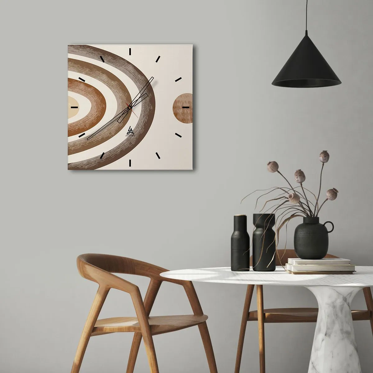 Reloj de pared - Reloj de vidrio - Motivo planetario geométrico en tonos marrones - 30x30cm - En otro mundo - Decoración de pared moderna para salón y dormitorio ARTTOR