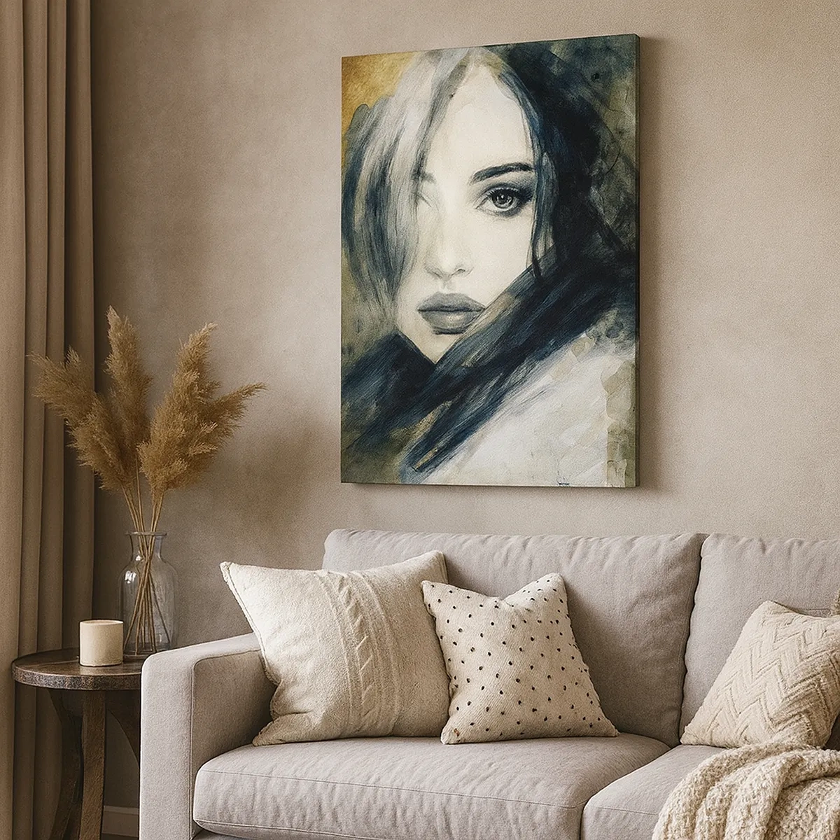 Cuadro sobre lienzo - Impresión de Imagen - Retrato de una mujer sobre un fondo de manchas abstractas en tonos beige. - 50x70cm - Inocente y sensual - Decoración de pared moderna para salón y dormitorio ARTTOR