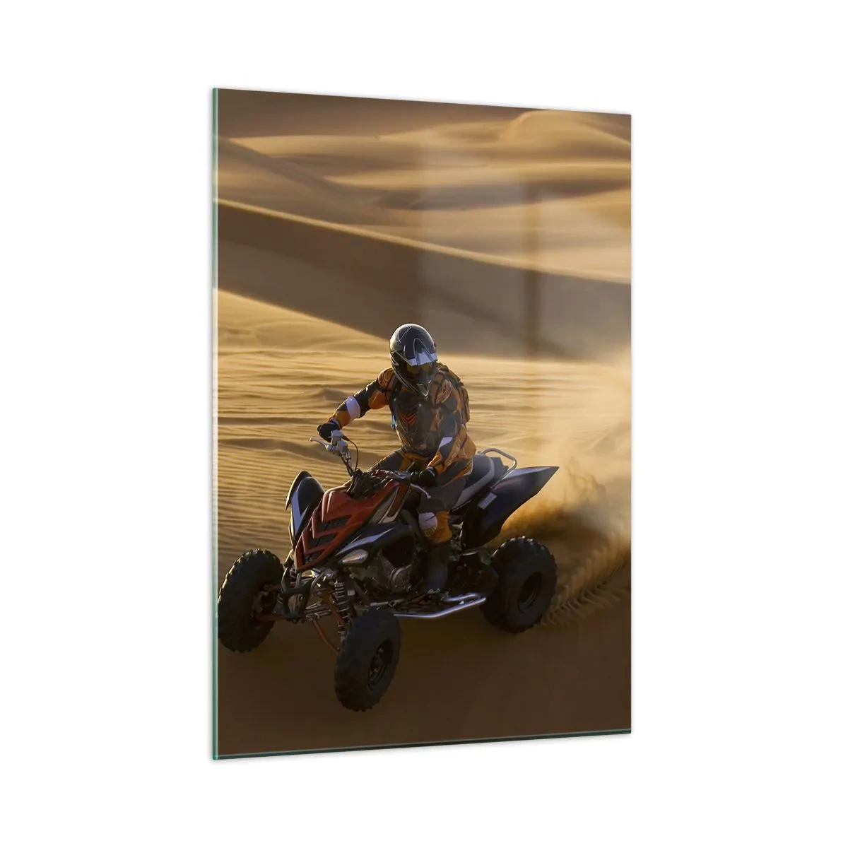 Cuadro sobre vidrio - Impresiones sobre Vidrio - ATV en acción en el desierto al atardecer - 50x70cm - Sobre las olas de la arena - Decoración de pared moderna para salón y dormitorio ARTTOR