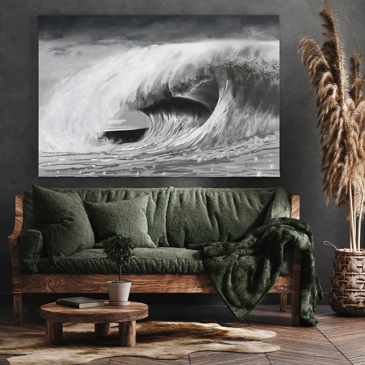 Cuadro sobre lienzo - Impresión de Imagen - Ola oceánica dramática en monocromo - 70x50cm - La ira del océano - Decoración de pared moderna para salón y dormitorio ARTTOR