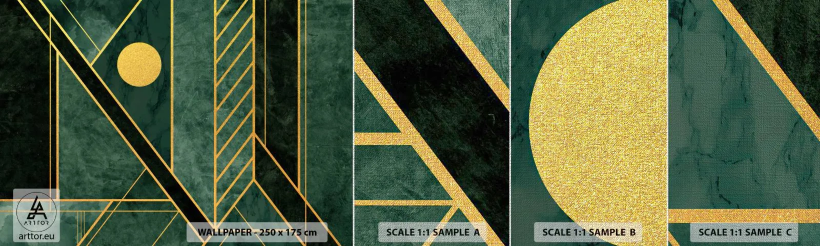 Muestra de fotomural Premium Canvas - La dinámica del oro y el azul - Abstracción, Pedazo, Patrón geométrico - 100x30 cm