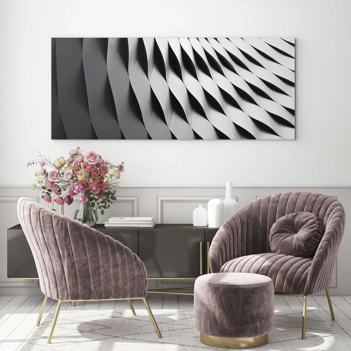 Cuadro sobre vidrio - Impresiones sobre Vidrio - Patrón geométrico abstracto en tonos blanco y negro. - 120x50cm - En la superficie de las ondas - Decoración de pared moderna para salón y dormitorio ARTTOR