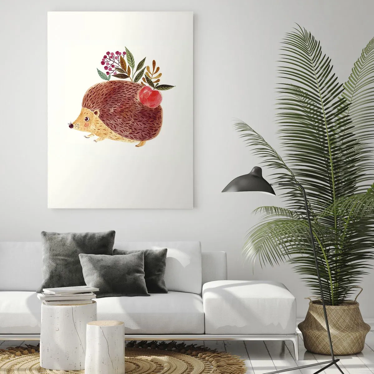 Cuadro sobre vidrio - Impresiones sobre Vidrio - Un lindo erizo con una manzana y plantas en un estilo ilustrativo. - 80x120cm - Y ya te gusto - Decoración de pared moderna para salón y dormitorio ARTTOR