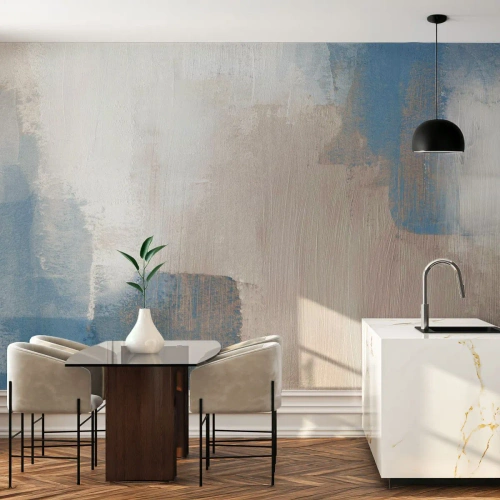 Fotomural Premium Sand - Una composición moderna de manchas en tonos azules y beige. - 100x70cm - Abstracción rosa tras un velo azul - Decoración de pared moderna para salón y dormitorio ARTTOR