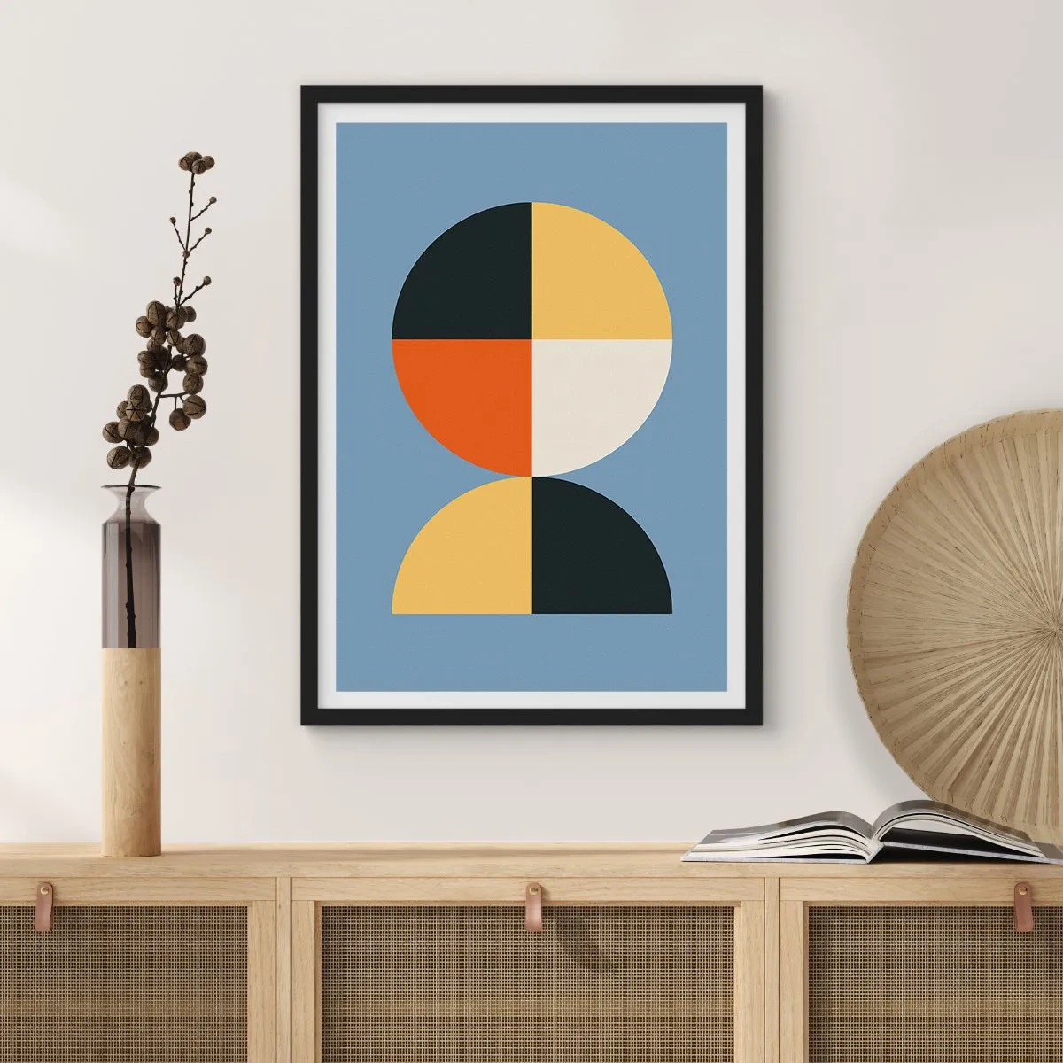 Póster en marco negro - Motivo geométrico en forma de círculo y semicírculo sobre fondo azul. - 50x70cm - Mira y cuenta - Decoración de pared moderna para salón y dormitorio ARTTOR
