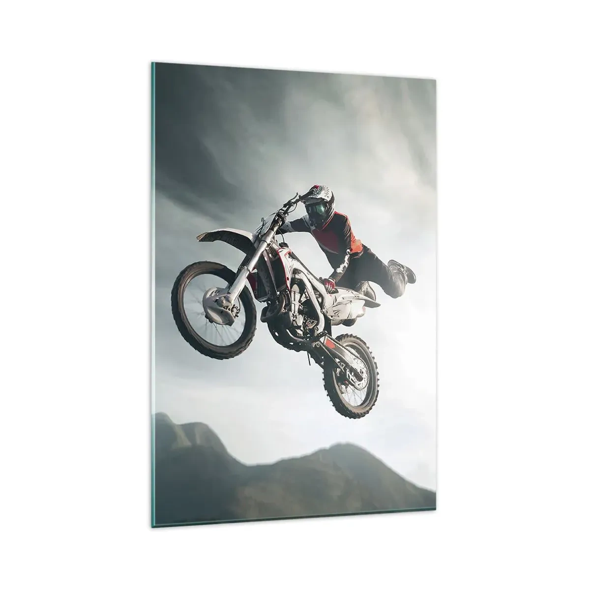 Cuadro sobre vidrio - Impresiones sobre Vidrio - Motociclista en el aire durante un salto - 80x120cm - No hay diversión sin riesgo - Decoración de pared moderna para salón y dormitorio ARTTOR
