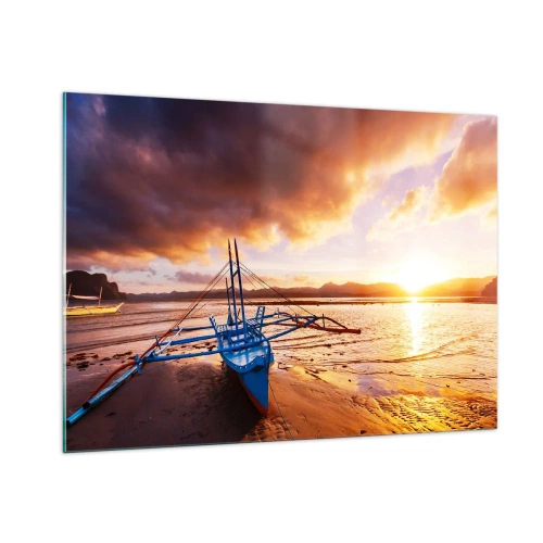 Cuadro sobre vidrio - Impresiones sobre Vidrio - Barco en la playa al atardecer con un cielo espectacular - 100x70cm - Después de un largo día, relájate en la arena - Decoración de pared moderna para salón y dormitorio ARTTOR