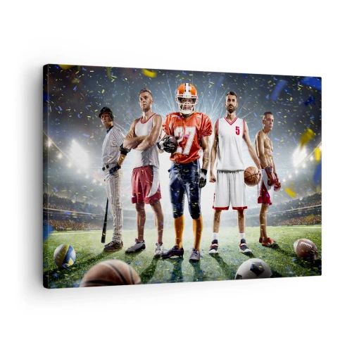 Cuadro sobre lienzo - Impresión de Imagen - Una escena dinámica de atletas de diversas disciplinas en el estadio bajo los focos. - 70x50cm - Gladiadores sobre los terrenos de juego - Decoración de pared moderna para salón y dormitorio ARTTOR