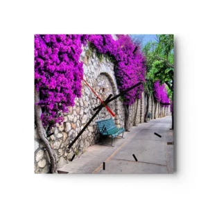 Reloj de pared - Reloj de vidrio - Un camino de piedra con un banco y flores moradas en flor. - 30x30cm - Punto de reunión - Decoración de pared moderna para salón y dormitorio ARTTOR