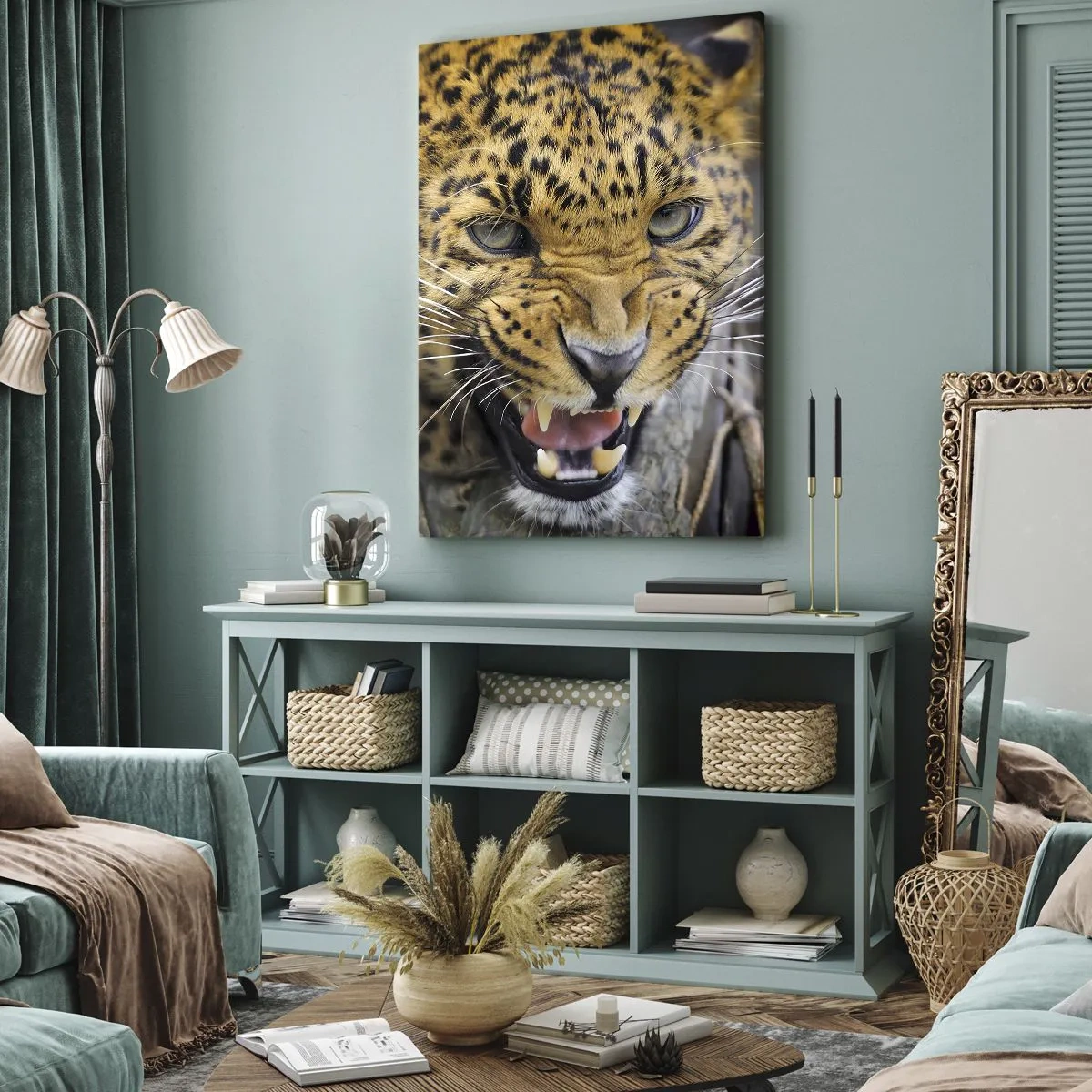 Cuadro sobre lienzo - Impresión de Imagen - Un primer plano de un leopardo amenazante con sus colmillos al descubierto. - 80x120cm - ¡Atrás, te lo advierto! - Decoración de pared moderna para salón y dormitorio ARTTOR
