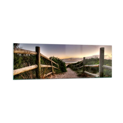 Cuadro sobre vidrio - Impresiones sobre Vidrio - Camino de madera en las dunas que conduce a la playa al atardecer - 160x50cm - Objetivo a la vista - Decoración de pared moderna para salón y dormitorio ARTTOR