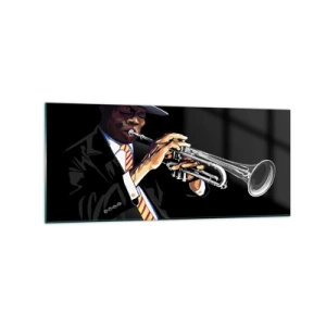 Cuadro sobre vidrio - Impresiones sobre Vidrio - Un músico tocando la trompeta sobre un fondo negro. - 120x50cm - El encanto de la vieja escuela - Decoración de pared moderna para salón y dormitorio ARTTOR