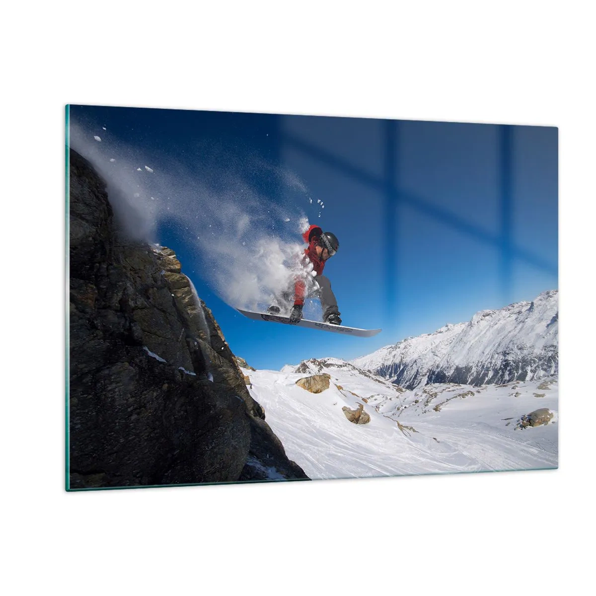 Cuadro sobre vidrio - Impresiones sobre Vidrio - Un snowboarder salta con un telón de fondo de montaña. - 120x80cm - Y te convertiste en parte del lugar - Decoración de pared moderna para salón y dormitorio ARTTOR