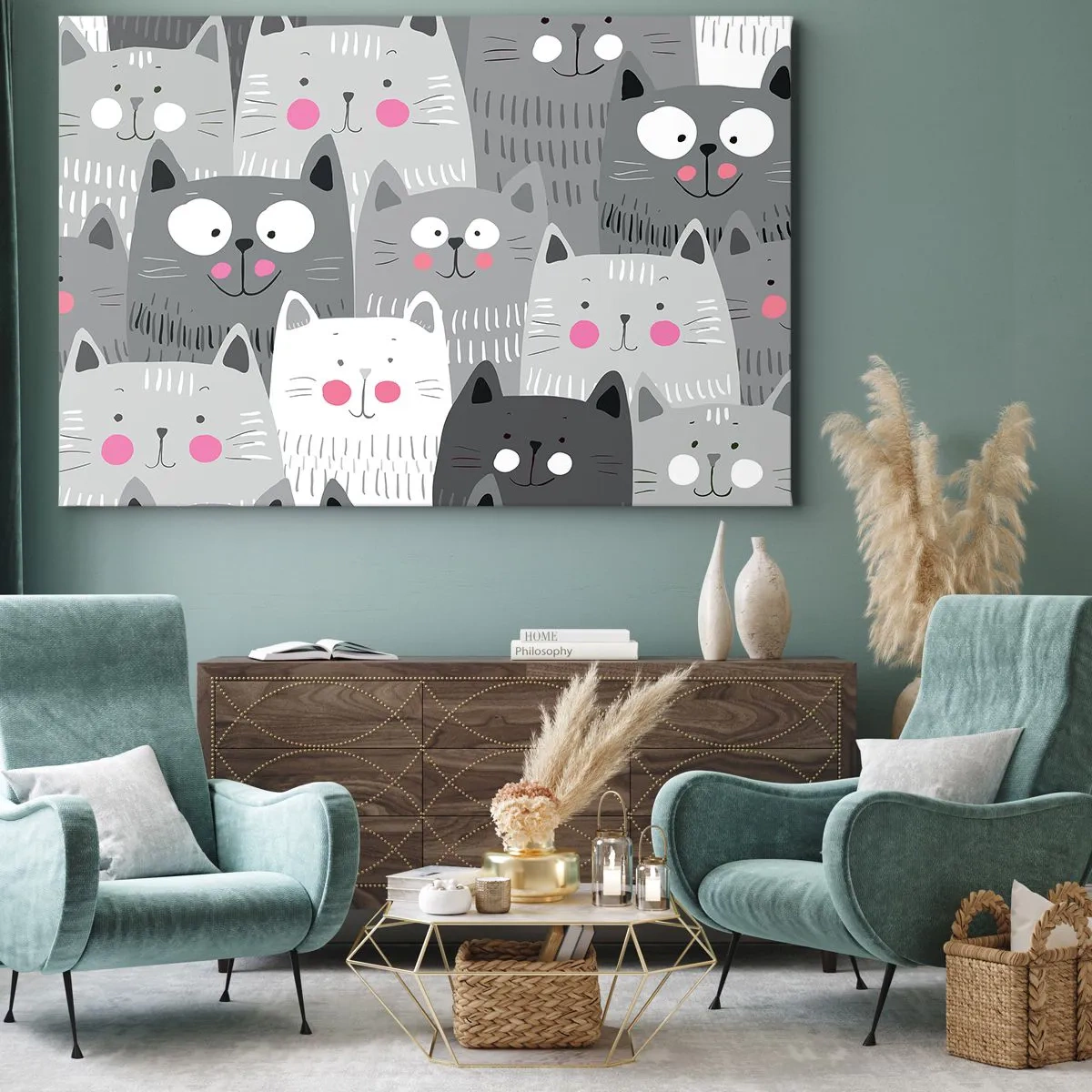 Cuadro sobre lienzo - Impresión de Imagen - Un patrón divertido con gatos en tonos grises. - 70x50cm - El mundo de los gatos - Decoración de pared moderna para salón y dormitorio ARTTOR