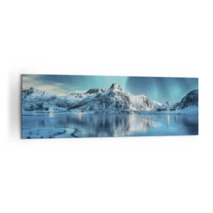 Cuadro sobre lienzo - Impresión de Imagen - Aurora boreal sobre montañas nevadas y un lago - 160x50cm - Una noche de luz - Decoración de pared moderna para salón y dormitorio ARTTOR