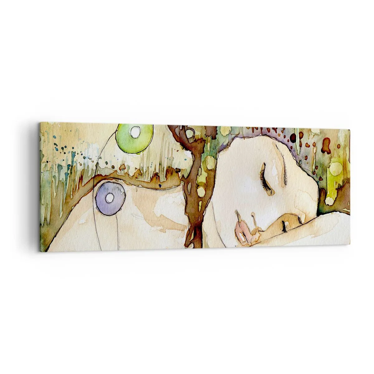Cuadro sobre lienzo - Impresión de Imagen - Una mujer soñando rodeada de formas y colores abstractos. - 140x50cm - Sueño esmeralda y violeta - Decoración de pared moderna para salón y dormitorio ARTTOR