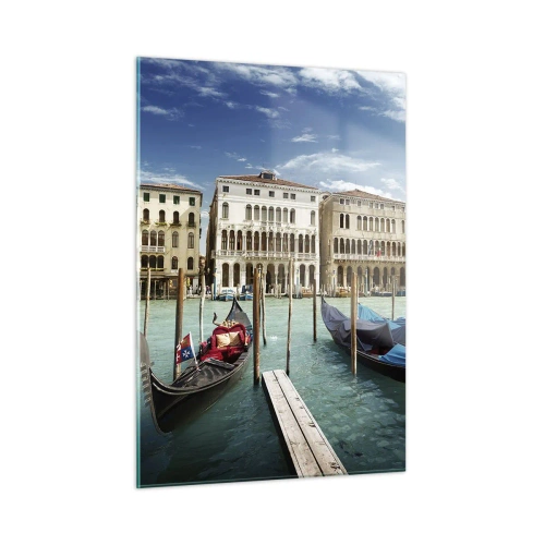 Cuadro sobre vidrio - Impresiones sobre Vidrio - Góndolas en un canal de Venecia en un día soleado - 50x70cm - Palacios en azul - Decoración de pared moderna para salón y dormitorio ARTTOR