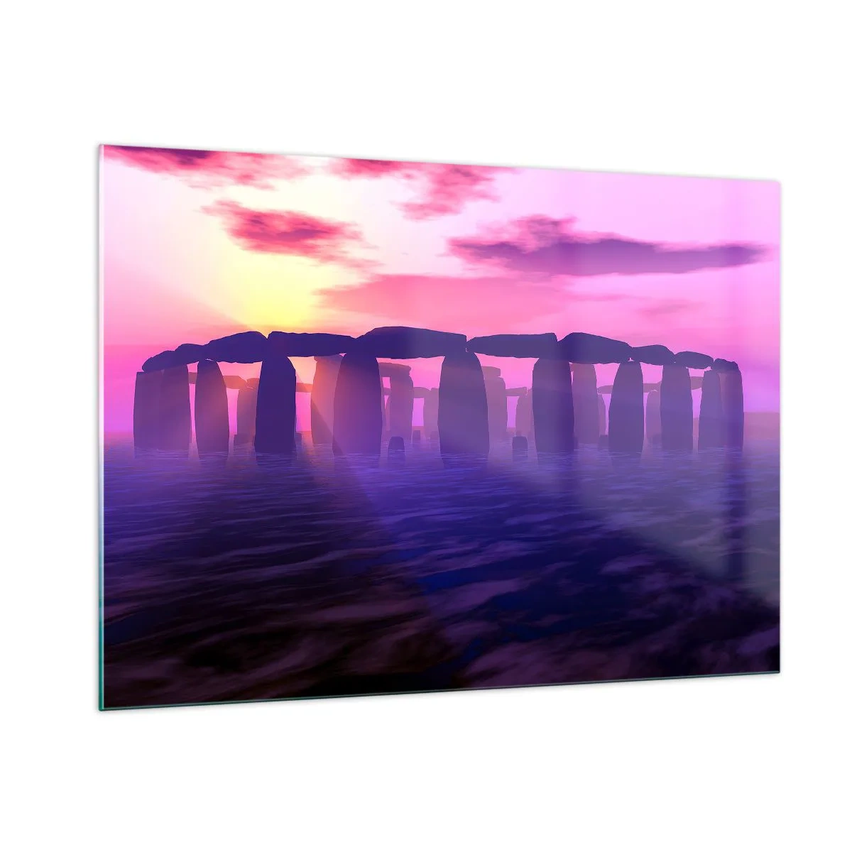 Cuadro sobre vidrio - Impresiones sobre Vidrio - Stonehenge a la luz de un atardecer rosado - 100x70cm - Misterio al amanecer en la niebla - Decoración de pared moderna para salón y dormitorio ARTTOR
