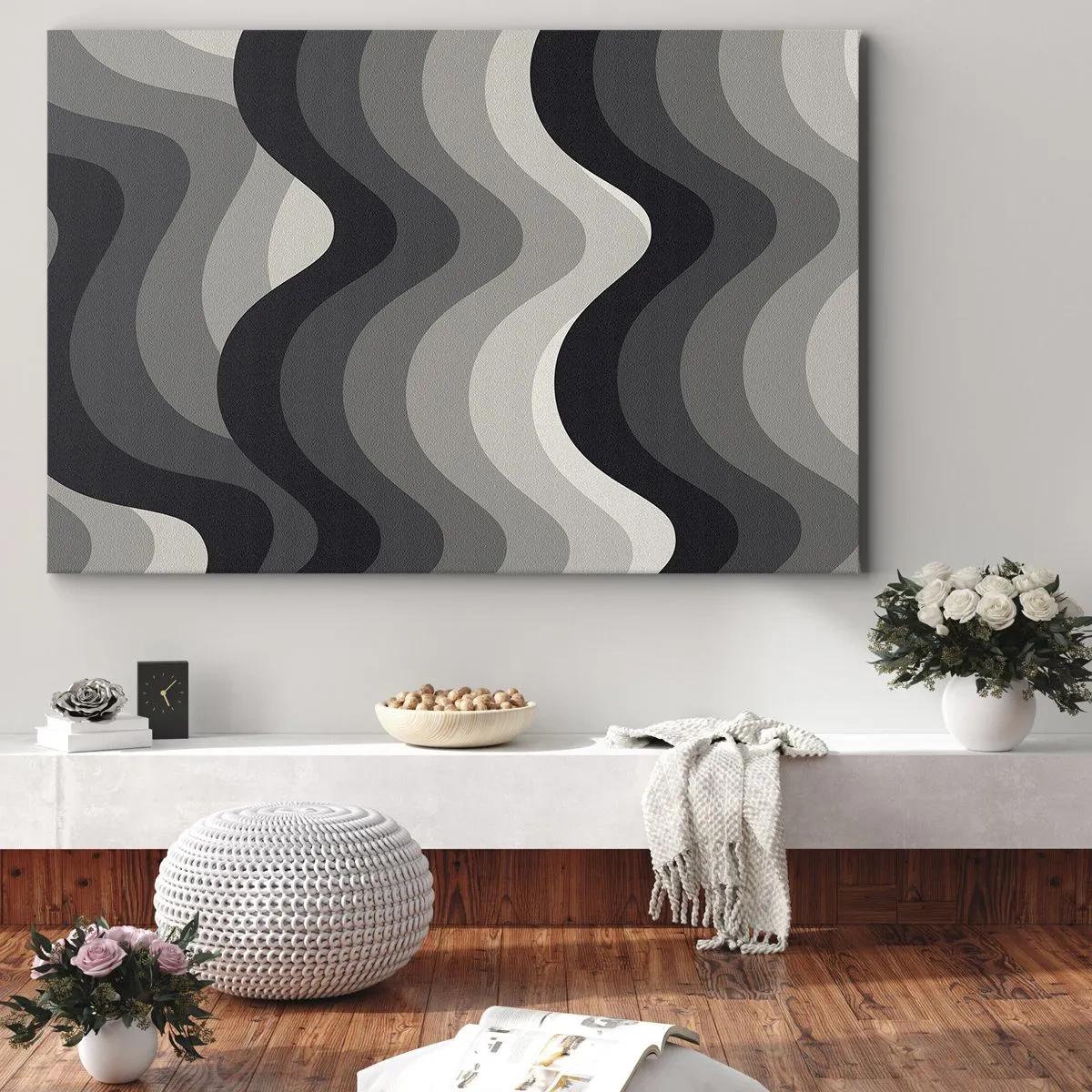 Cuadro sobre lienzo - Impresión de Imagen - Patrones ondulados en blanco y negro en tonos de gris. - 70x50cm - Ola tras ola - Decoración de pared moderna para salón y dormitorio ARTTOR