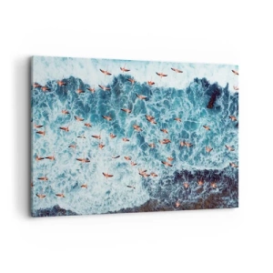 Cuadro sobre lienzo - Impresión de Imagen - Una vista aérea de flamencos rosados sobre un océano azul. - 120x80cm - Un desfile marítimo - Decoración de pared moderna para salón y dormitorio ARTTOR
