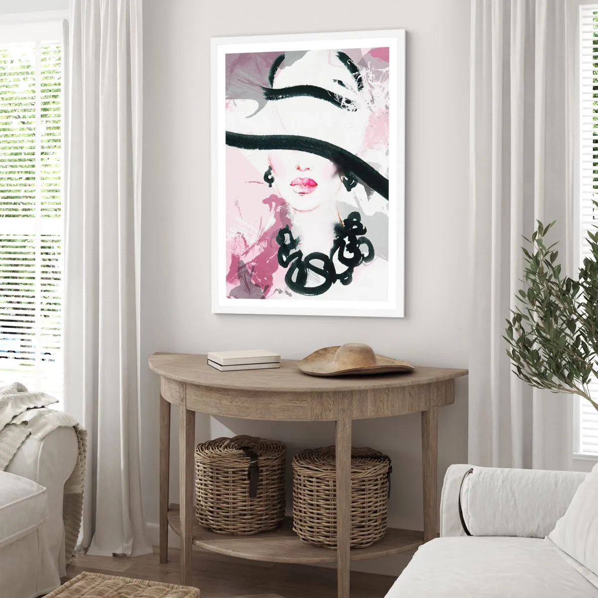 Póster en marco blanco - Retrato de una dama en negro y rosa - 40x50 cm