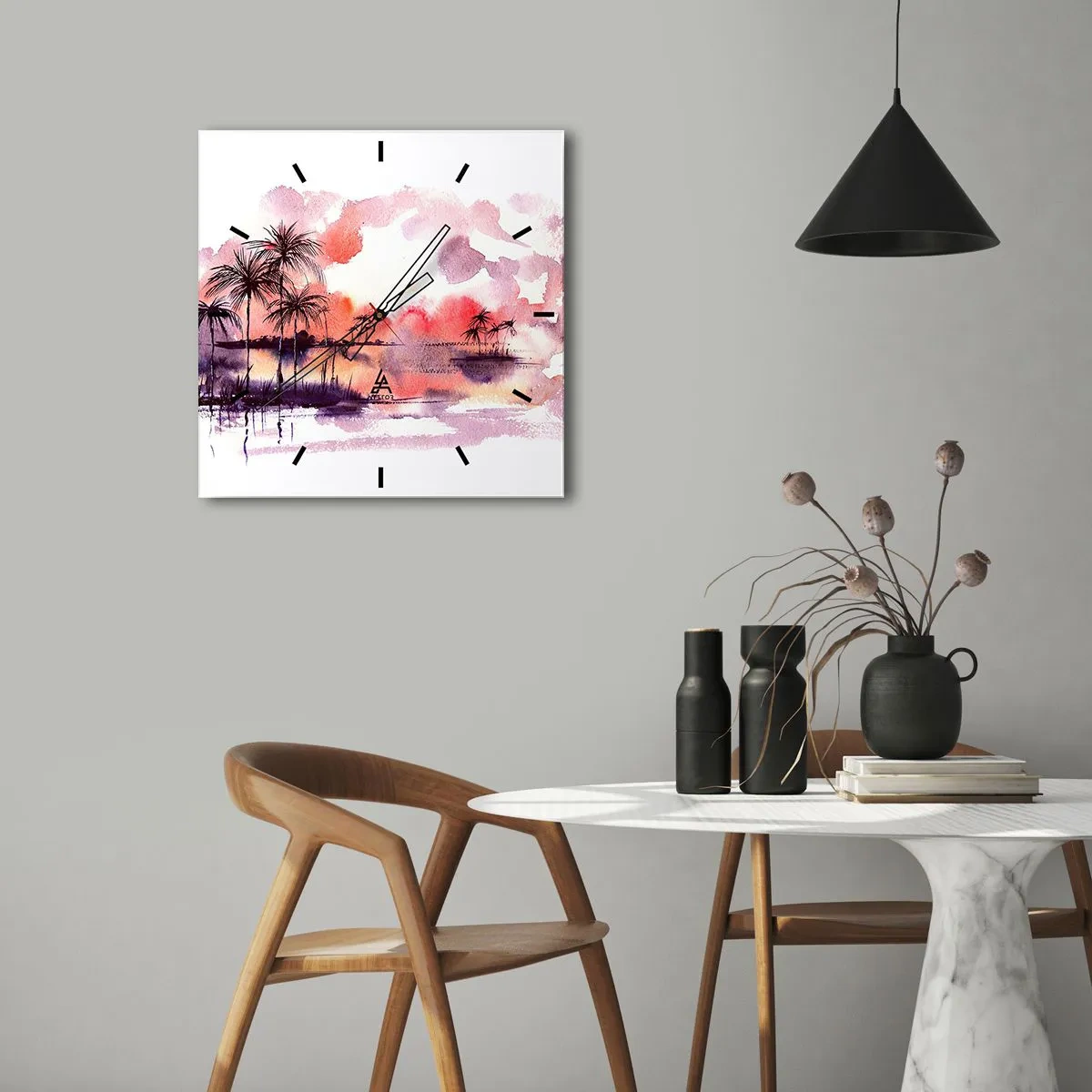 Reloj de pared - Reloj de vidrio - Paisaje tropical con palmeras al atardecer en acuarela. - 30x30cm - La calma de los trópicos en rojo - Decoración de pared moderna para salón y dormitorio ARTTOR