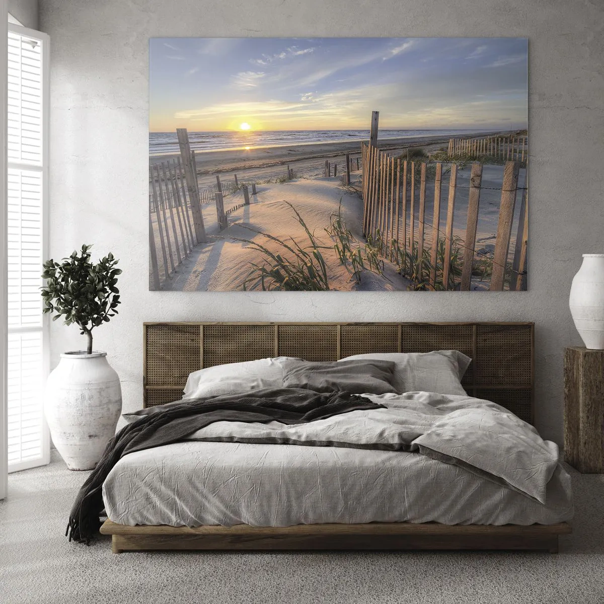 Cuadro sobre vidrio - Impresiones sobre Vidrio - Playa con dunas al atardecer - 120x80cm - El resplandor y la sombra del viento - Decoración de pared moderna para salón y dormitorio ARTTOR