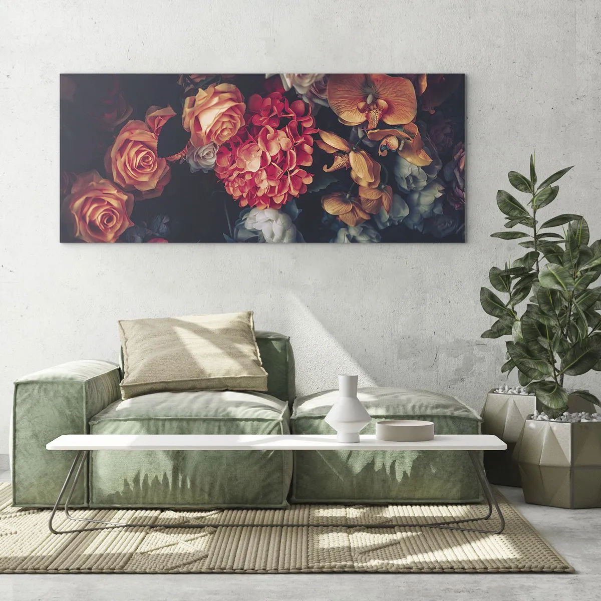 Cuadro sobre vidrio - Impresiones sobre Vidrio - Un ramo de varias flores en tonos oscuros. - 140x50cm - Como los maestros holandeses - Decoración de pared moderna para salón y dormitorio ARTTOR