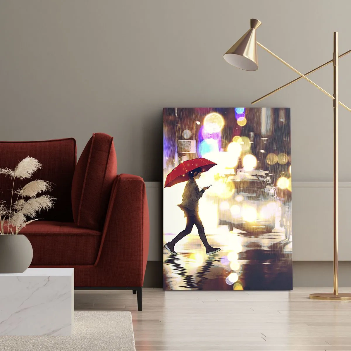 Cuadro sobre lienzo - Impresión de Imagen - Una figura con un paraguas rojo en la calle bajo la lluvia. - 80x120cm - Saldrá el sol - Decoración de pared moderna para salón y dormitorio ARTTOR