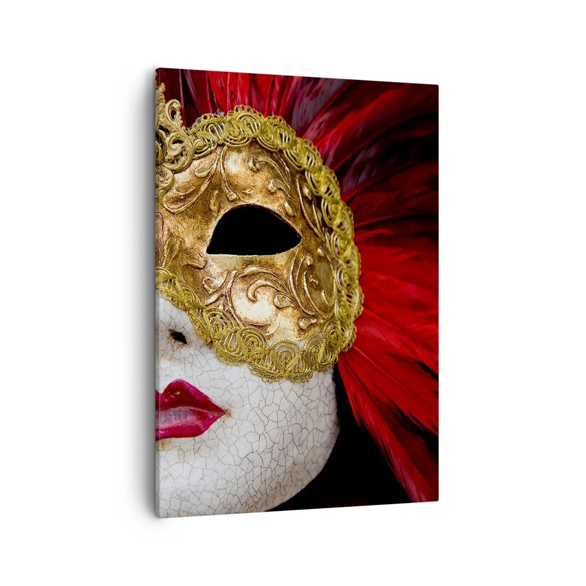 Cuadro sobre lienzo - Impresión de Imagen - Máscara veneciana dorada con plumas rojas - 50x70cm - Promesa de aventura carnavalesca - Decoración de pared moderna para salón y dormitorio ARTTOR