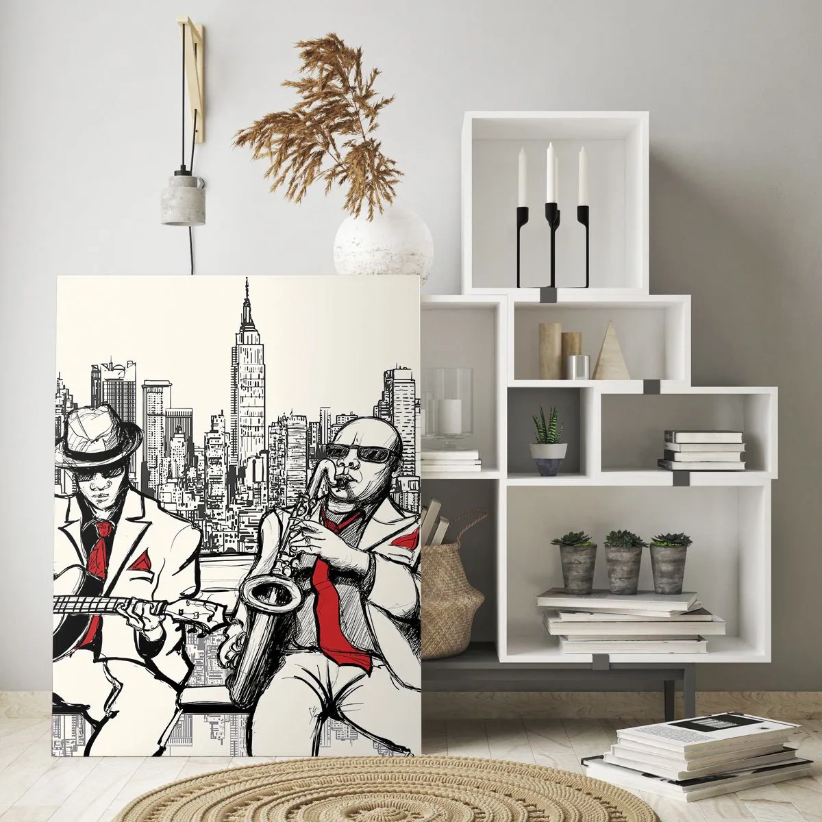 Cuadro sobre vidrio - Impresiones sobre Vidrio - Dos músicos de jazz tocando con el horizonte de la ciudad como telón de fondo. - 50x70cm - Improvisación en Nueva York - Decoración de pared moderna para salón y dormitorio ARTTOR