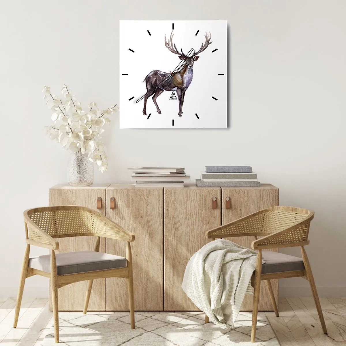 Reloj de pared - Reloj de vidrio - Ilustración en acuarela de un ciervo con astas majestuosas - 30x30cm - Rey de las Tierras Salvajes del Norte - Decoración de pared moderna para salón y dormitorio ARTTOR