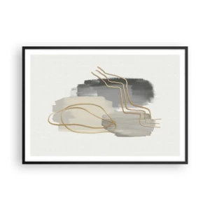 Póster en marco negro - Líneas doradas abstractas sobre un fondo gris - 100x70cm - Persistencia y movimiento - Decoración de pared moderna para salón y dormitorio ARTTOR