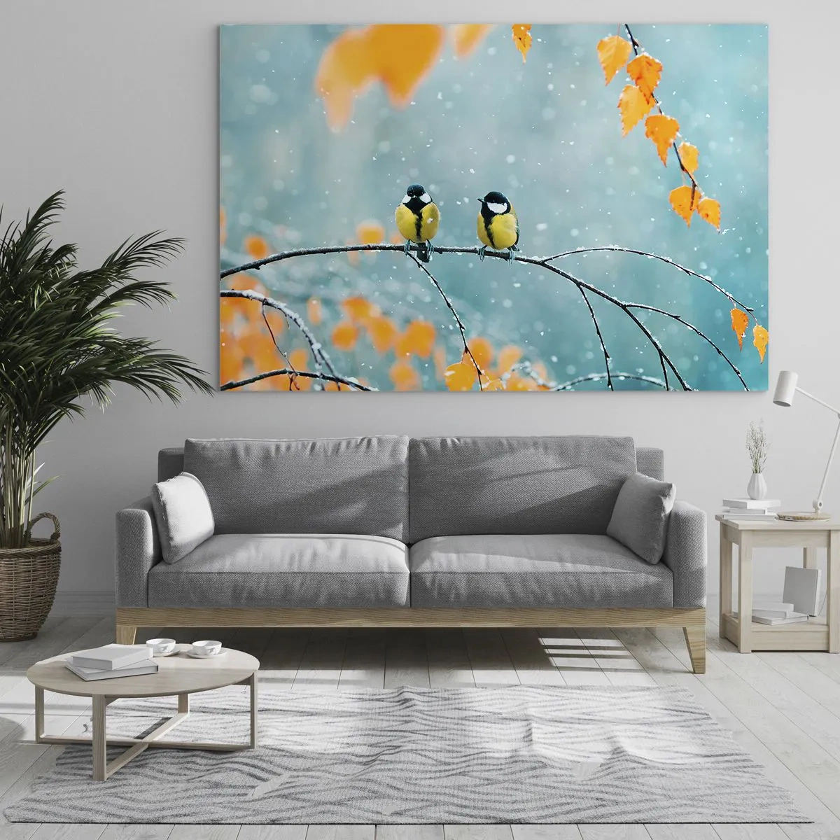 Cuadro sobre vidrio - Impresiones sobre Vidrio - Dos tetas sentadas en una ramita entre hojas caídas - 120x80cm - Cotilleo de pájaros - Decoración de pared moderna para salón y dormitorio ARTTOR