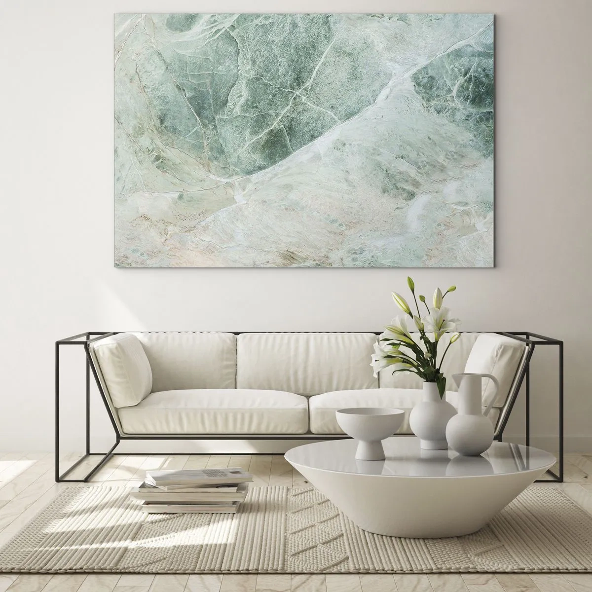 Cuadro sobre vidrio - Impresiones sobre Vidrio - Textura verde-beige que se asemeja a la piedra natural. - 70x50cm - El noble frescor de la piedra - Decoración de pared moderna para salón y dormitorio ARTTOR