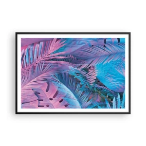 Póster en marco negro - Hojas tropicales en tonos rosa y azul. - 100x70cm - Trópicos en rosa y azul - Decoración de pared moderna para salón y dormitorio ARTTOR