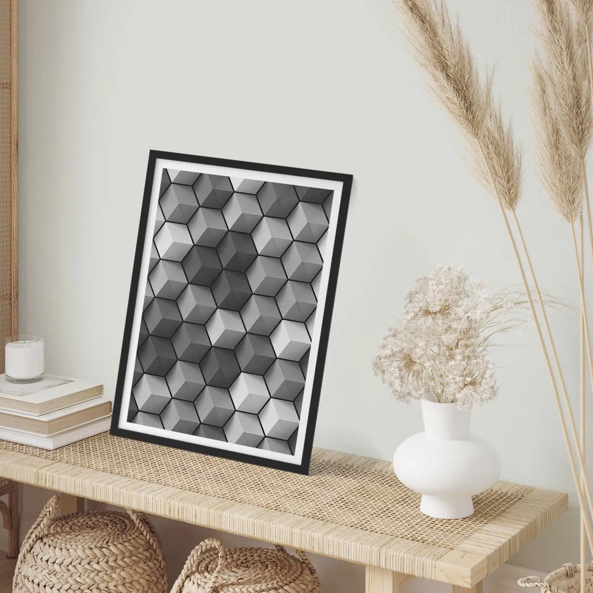 Póster en marco negro - Composición en blanco y negro de cubos geométricos 3D - 50x70cm - Rompecabezas cubista - Decoración de pared moderna para salón y dormitorio ARTTOR