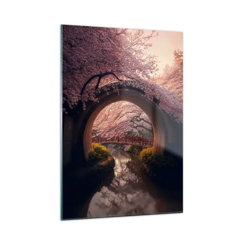 Cuadro sobre vidrio - Impresiones sobre Vidrio - Cerezos en flor y un puente japonés vistos a través de la puerta redonda. - 50x70cm - Primavera japonesa - Decoración de pared moderna para salón y dormitorio ARTTOR