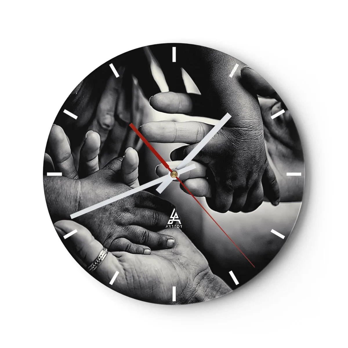 Reloj de pared - Reloj de vidrio - Manos tocándose en un gesto de unidad - 30x30cm - Ser humano - Decoración de pared moderna para salón, cocina y dormitorio ARTTOR